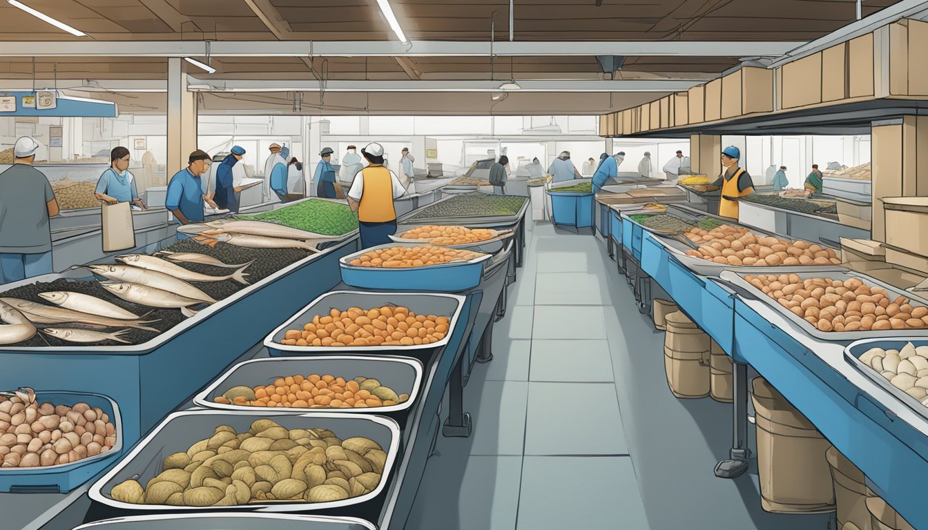 A bustling seafood market with tanks of live seafood and a storage facility with labeled containers of geoduck substitutes