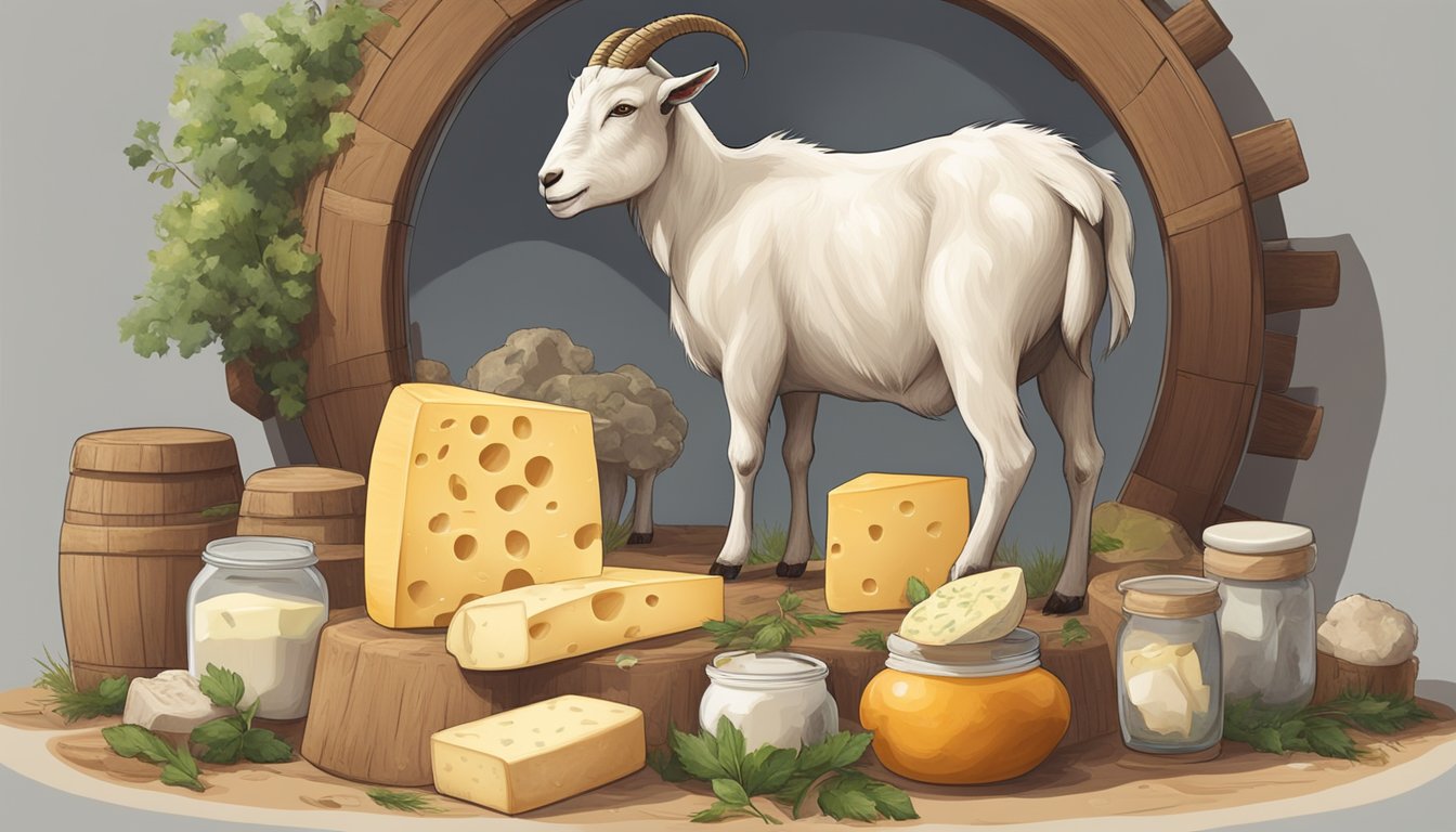 A goat standing beside a wheel of cheese, with a variety of alternative dairy products surrounding it