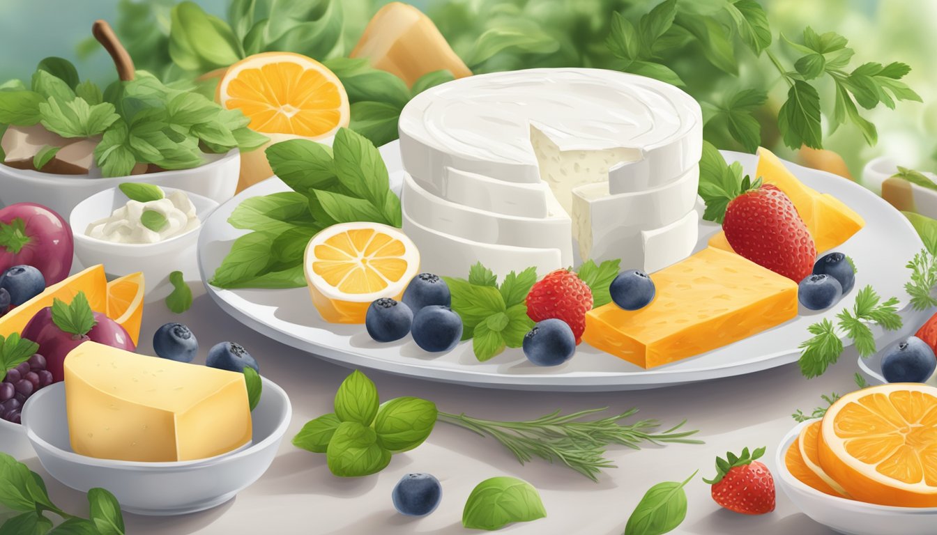 A plate with assorted dairy-based substitutes, including goat cheese, surrounded by fresh herbs and fruits