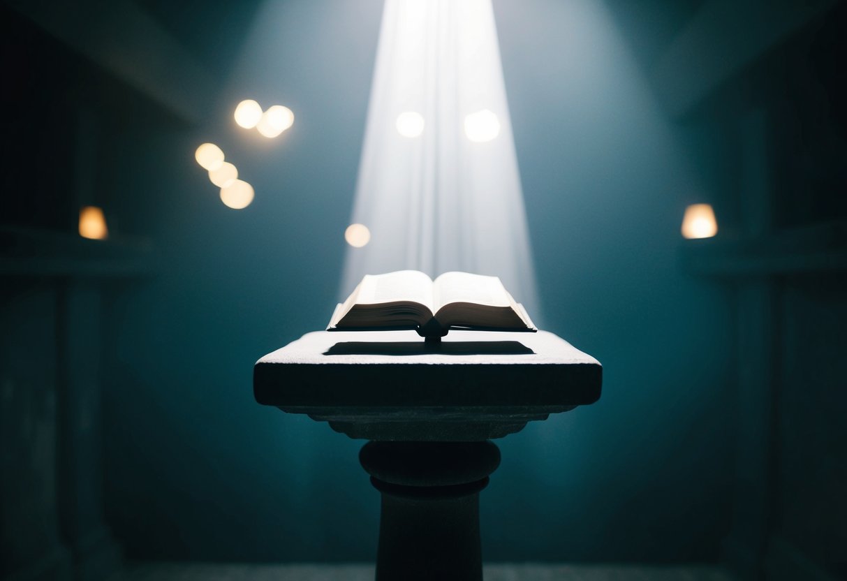 A beam of light shining down on a solitary, ancient-looking book atop a stone pedestal in a dimly lit chamber