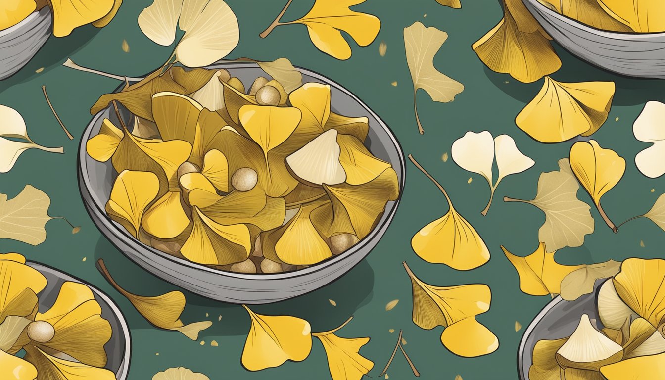 A bowl of ginkgo nuts with a few cracked open, surrounded by scattered fallen leaves and a branch from a ginkgo tree