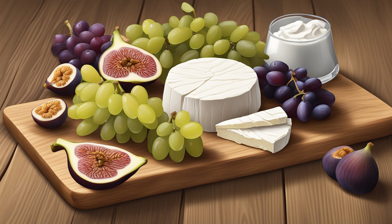 A wooden cutting board with sliced figs, grapes, and a variety of goat cheese substitutes arranged in an appetizing display