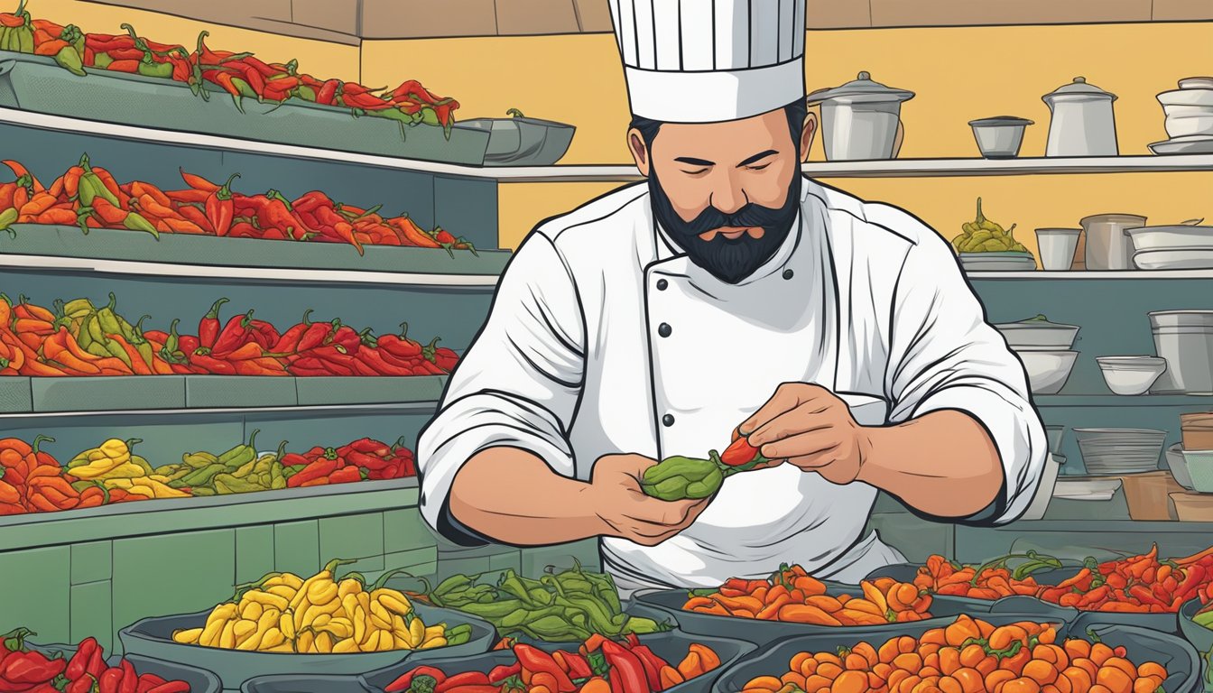 A chef holding a variety of hot peppers, examining them closely for a suitable substitute for ghost peppers