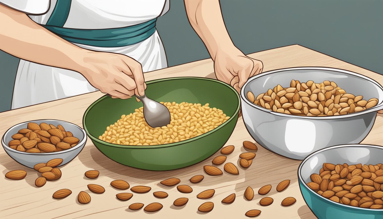 A person preparing a meal uses almonds or pine nuts as substitutes for ginkgo nuts, carefully checking for any potential dietary considerations or allergies