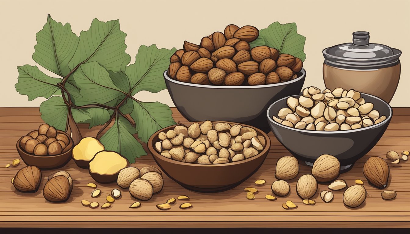 A kitchen counter with various ingredients such as walnuts, pine nuts, and chestnuts laid out next to a bowl of ginkgo nuts