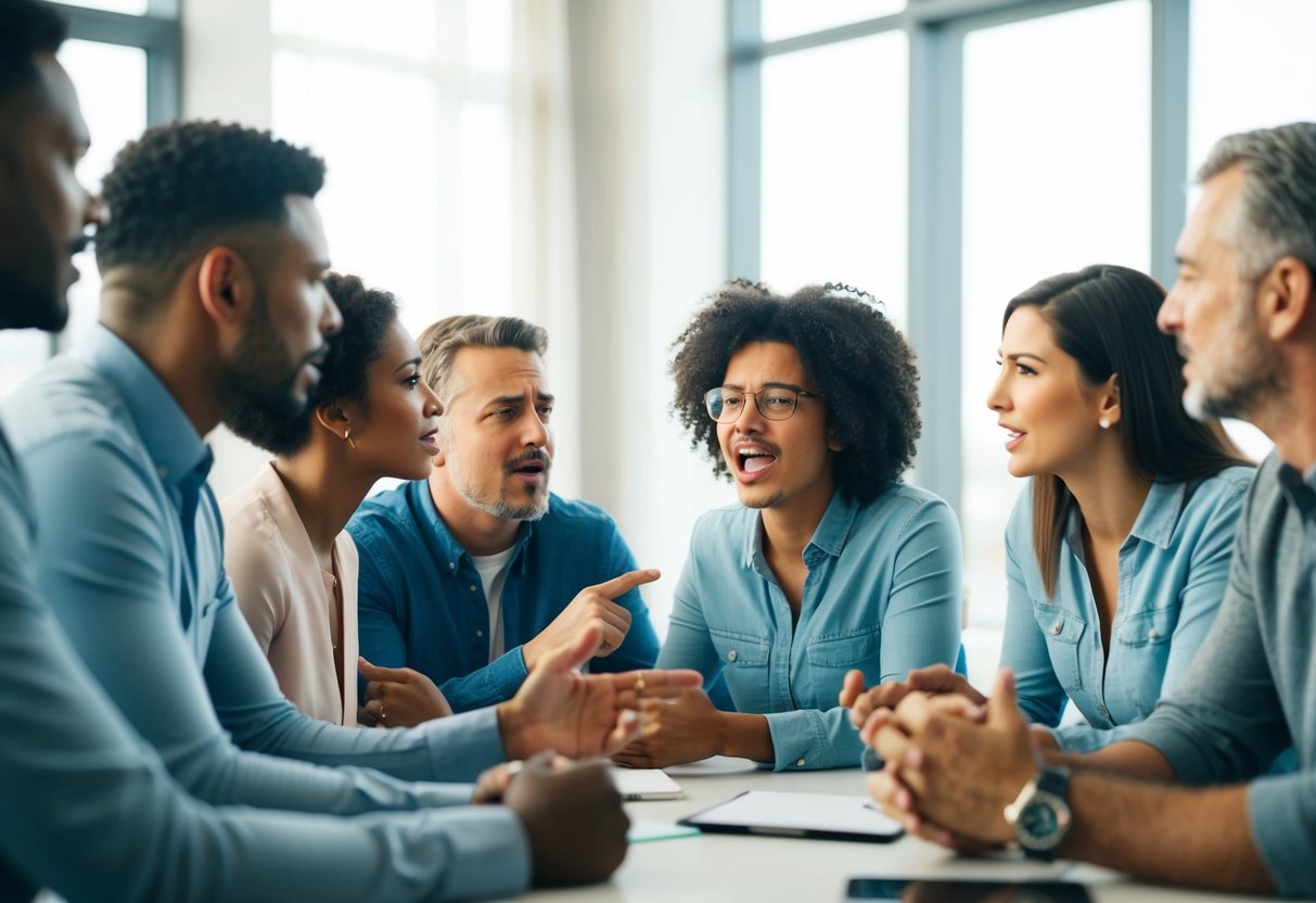 A group of people engaging in a heated discussion, with diverse opinions and emotions evident