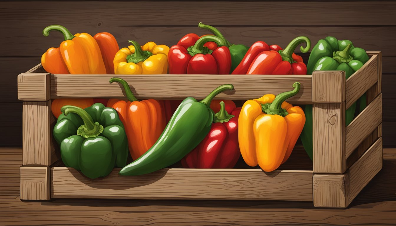 Vibrant assortment of specialty peppers, including habanero, scotch bonnet, and Carolina reaper, arranged in a rustic wooden crate