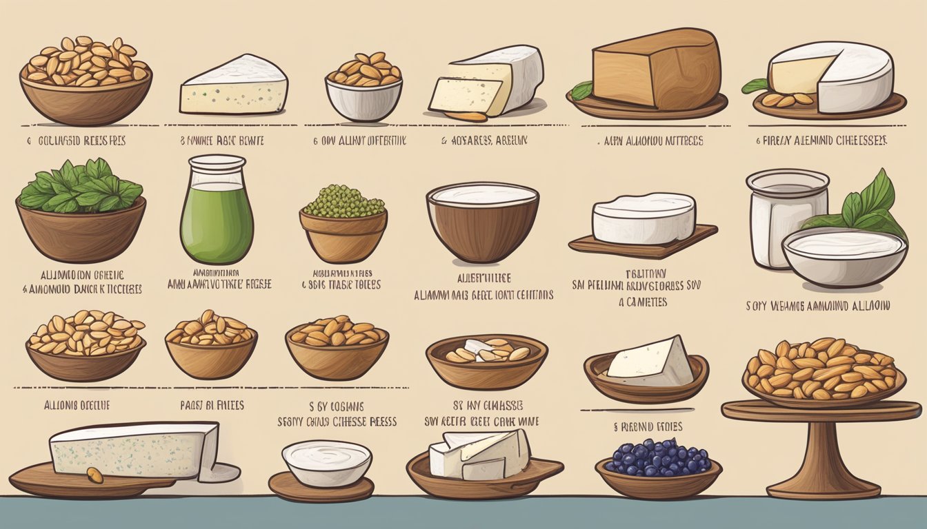 A variety of dairy-free options arranged next to a wheel of goat cheese, including almond-based, cashew-based, and soy-based alternatives