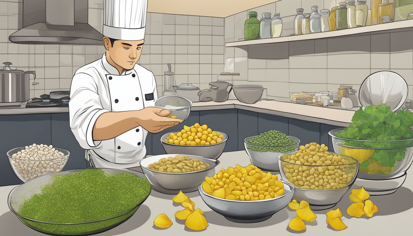 A chef reaching for a bowl of ginkgo nuts, with various substitute ingredients displayed on the counter