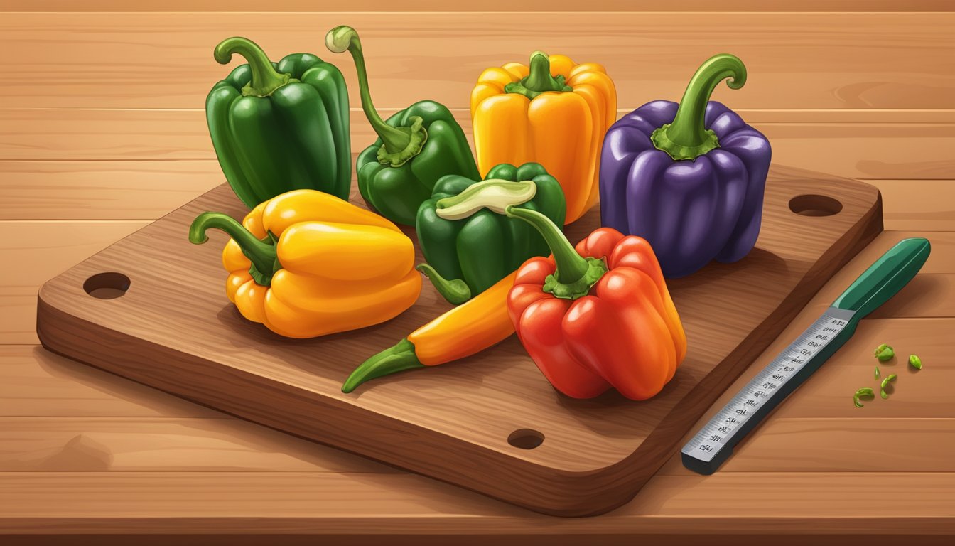 A variety of colorful peppers arranged on a wooden cutting board, including habanero, jalapeno, and serrano, with a measuring scale nearby