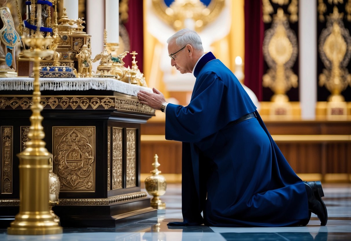 A figure kneeling before an ornate altar, surrounded by sacred objects and symbols of authority