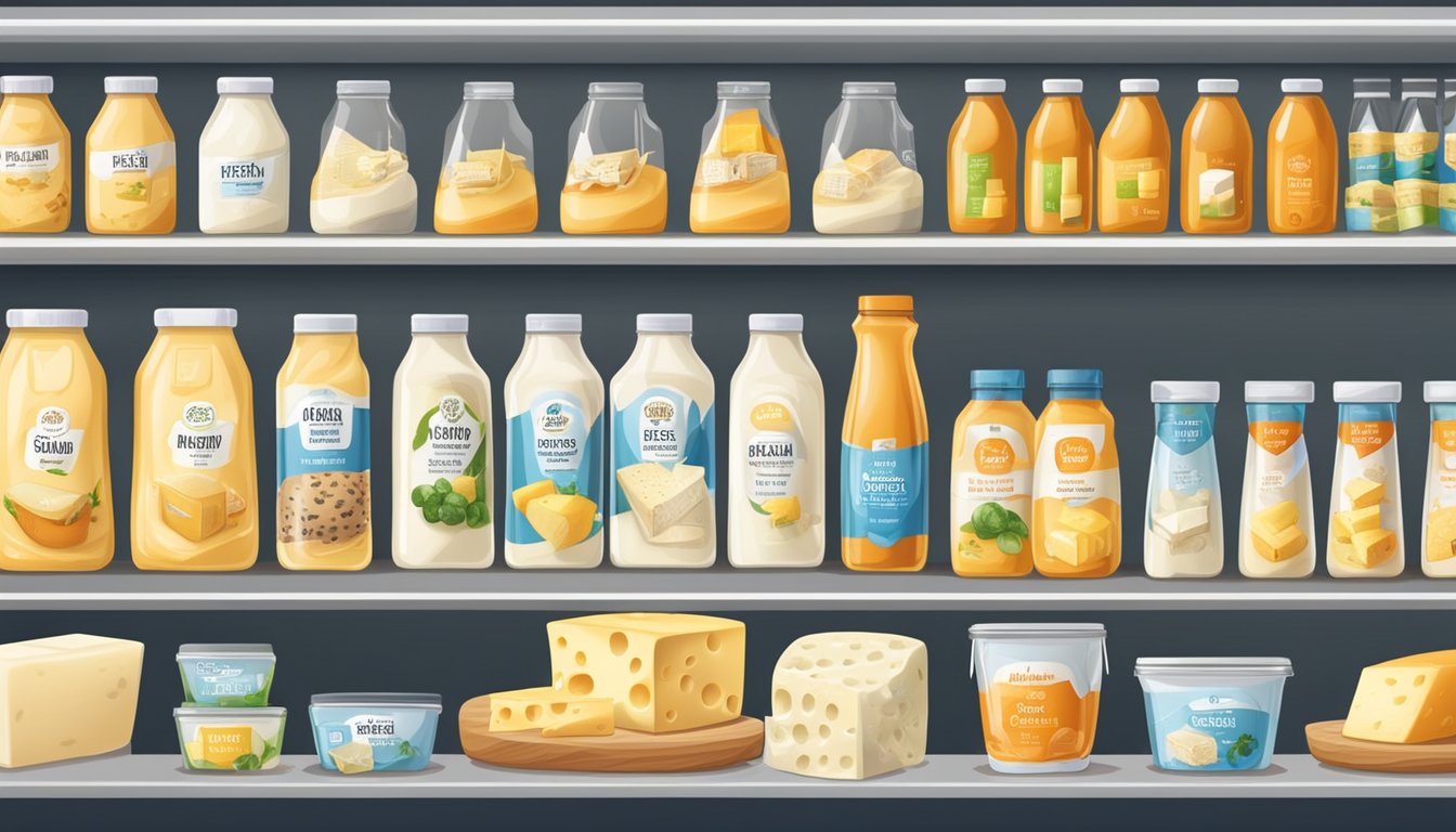 A variety of dairy and non-dairy options displayed on shelves with clear labels and price tags. Refrigerated section with different types of cheese substitutes