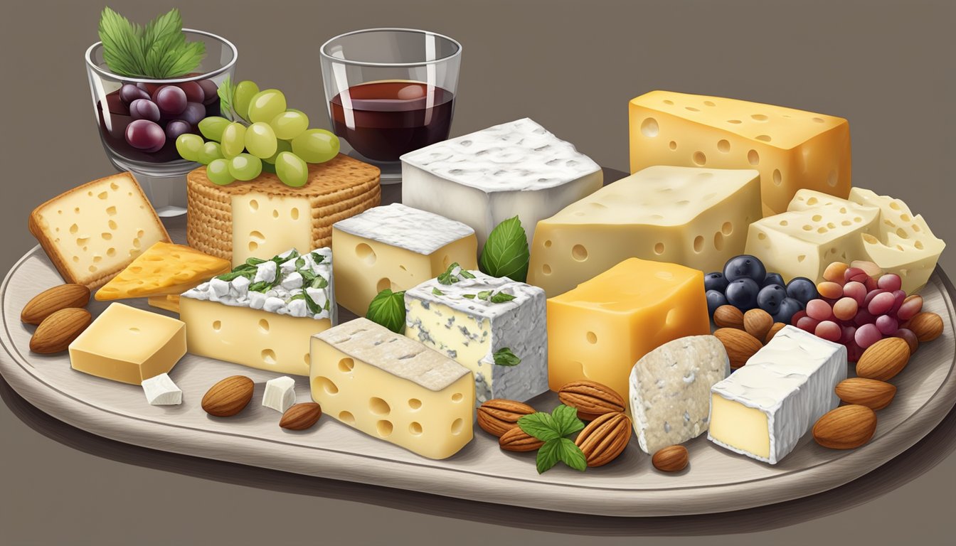 A platter of assorted cheeses with a prominent display of goat cheese substitutes alongside various foods such as crackers, fruits, and nuts