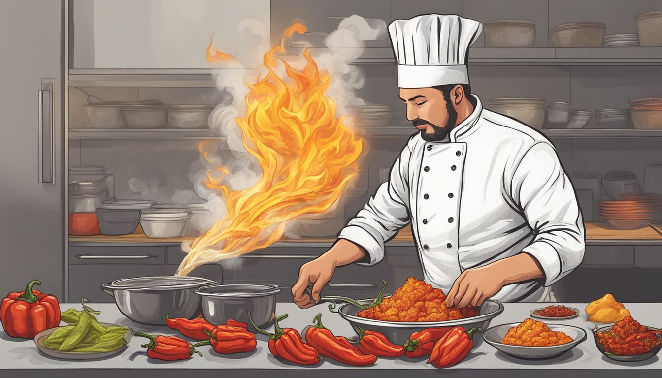 A chef confidently substitutes ghost peppers with alternative ingredients, creating a fiery and innovative dish