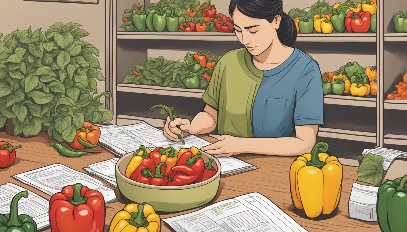 A table with various peppers, a nutrition label, and a person considering options