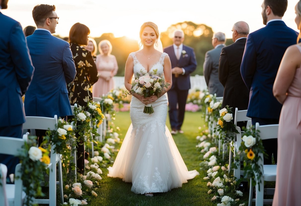 A bride walks down a flower-lined aisle as the sun sets, with soft music playing in the background