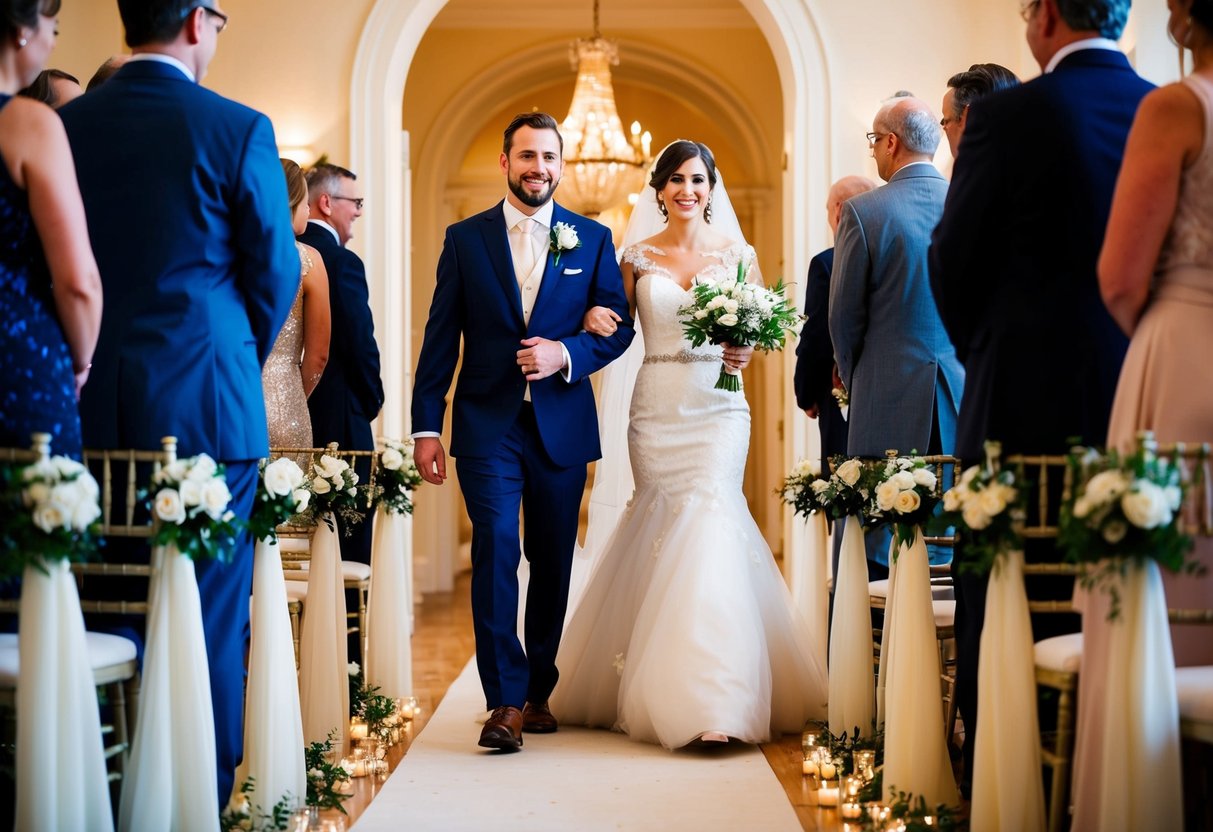 A bride and groom walk down the aisle, surrounded by elegant décor and soft lighting, as the sound of a classic wedding song fills the air