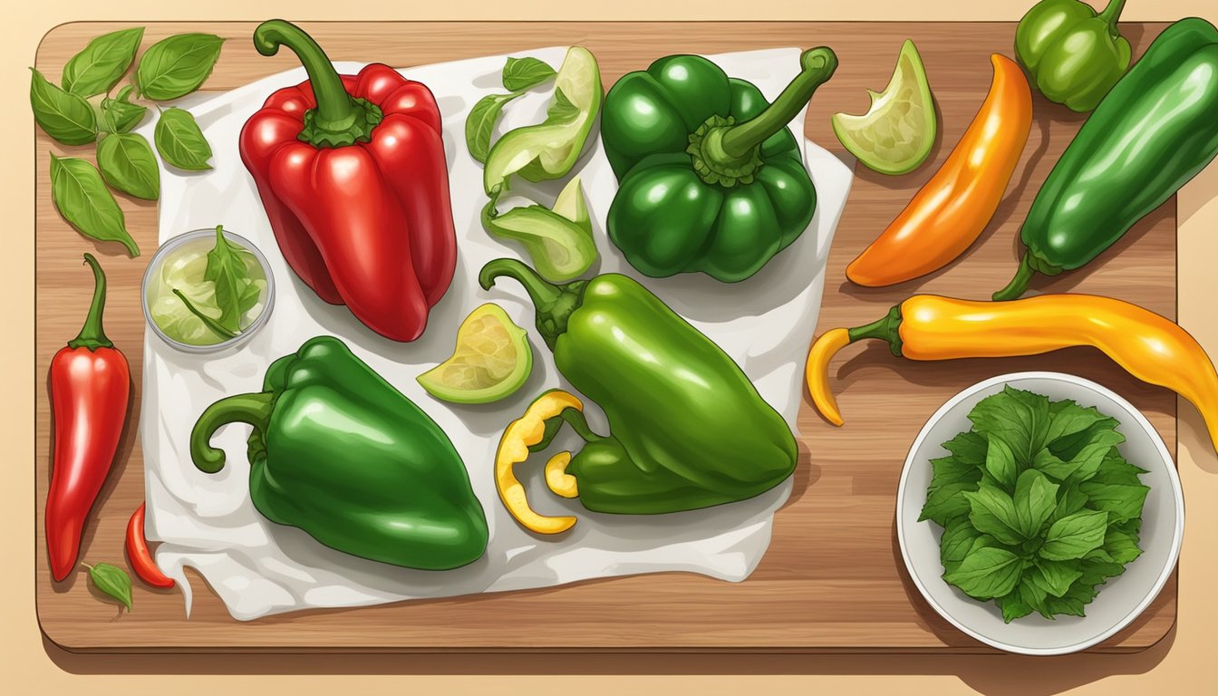 A colorful array of assorted peppers, including ghost peppers, are laid out on a cutting board next to various cooking ingredients