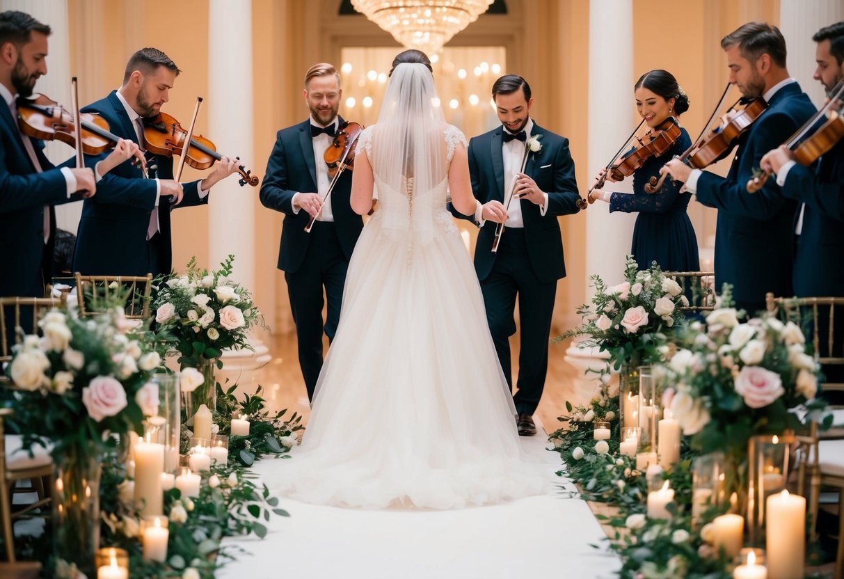 A bride walks down the aisle to the sound of a live string quartet playing a romantic melody, surrounded by lush floral arrangements and soft candlelight