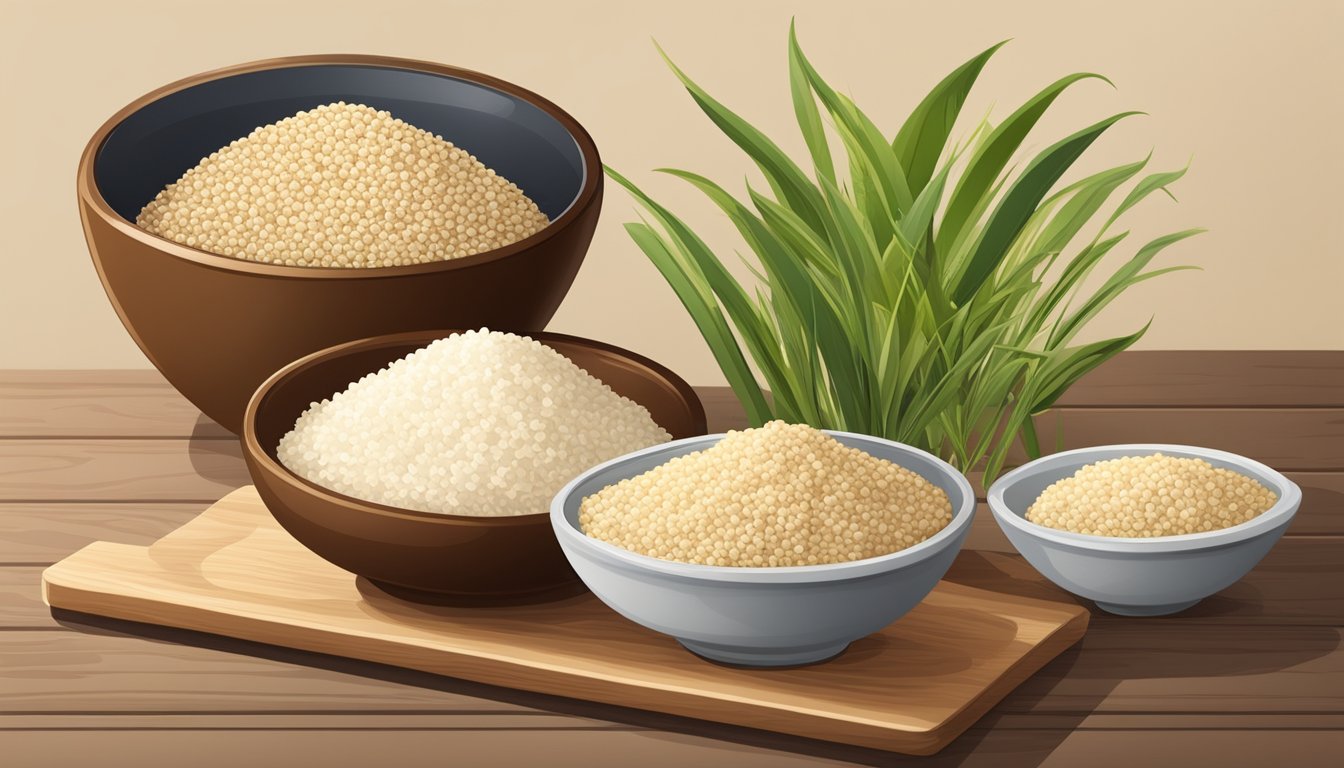 A bowl of jasmine rice, a bag of quinoa, and a pile of millet on a wooden cutting board