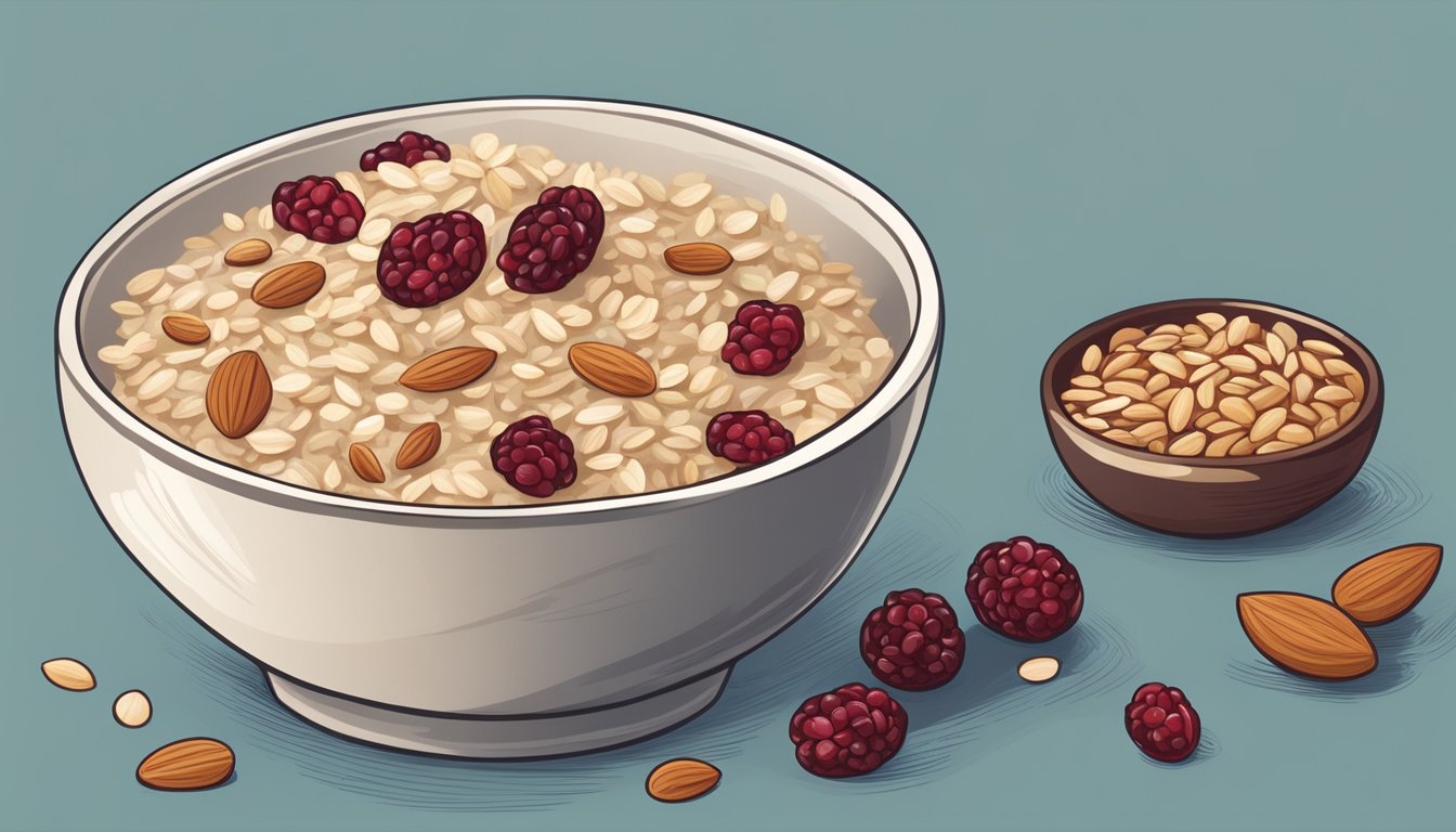 A bowl of oatmeal with goji berry substitutes: dried cranberries and chopped almonds