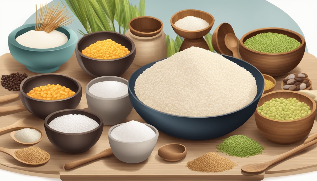 A wooden table with bowls of glutinous rice flour and alternative substitutes, such as tapioca flour and cornstarch, surrounded by various cooking utensils and ingredients