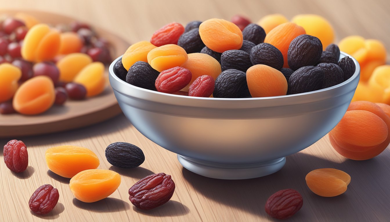 A bowl of assorted dried fruits, including apricots, raisins, and cranberries, sits on a wooden table next to a handful of fresh goji berries