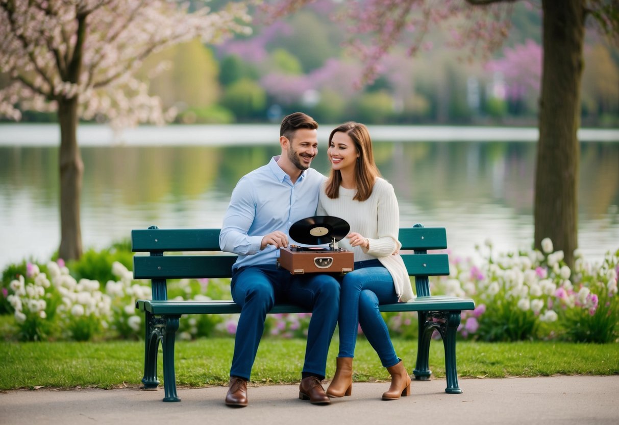 A couple sits together on a park bench, surrounded by blooming flowers and a serene lake. They listen to music on a vintage record player, smiling and swaying to the rhythm