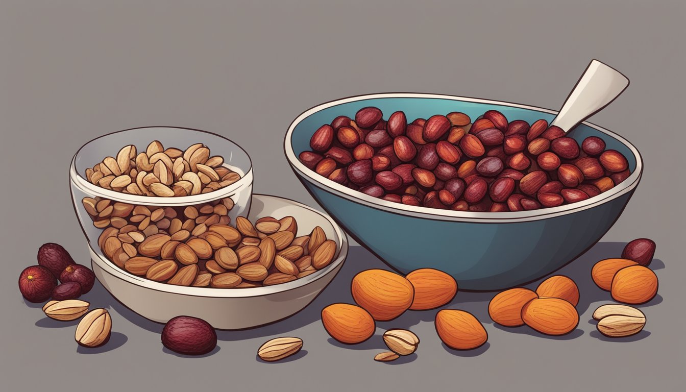 A table with various goji berry substitutes: dried cranberries, raisins, dried cherries, and dried apricots. A bowl of mixed nuts and seeds sits next to the fruit