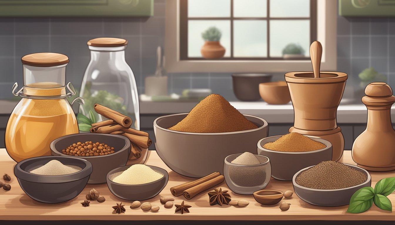 A kitchen counter with various ginger substitutes: cinnamon, nutmeg, allspice, and cloves in small bowls. A mortar and pestle sits nearby for grinding