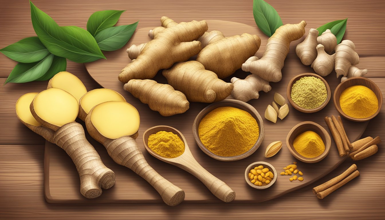 Various forms of ginger (root, powder, paste) surrounded by their substitutes (turmeric, galangal, cardamom) on a wooden cutting board