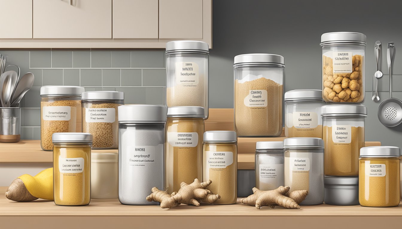 A variety of ginger substitutes displayed on a kitchen counter alongside labeled storage containers