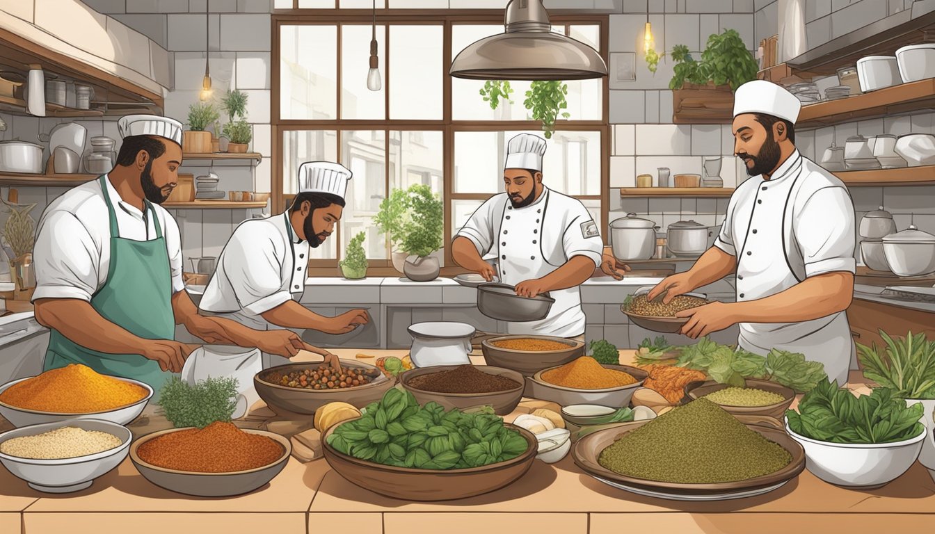 A bustling kitchen with chefs from different cultures using various spices and herbs as ginger substitutes in their traditional dishes