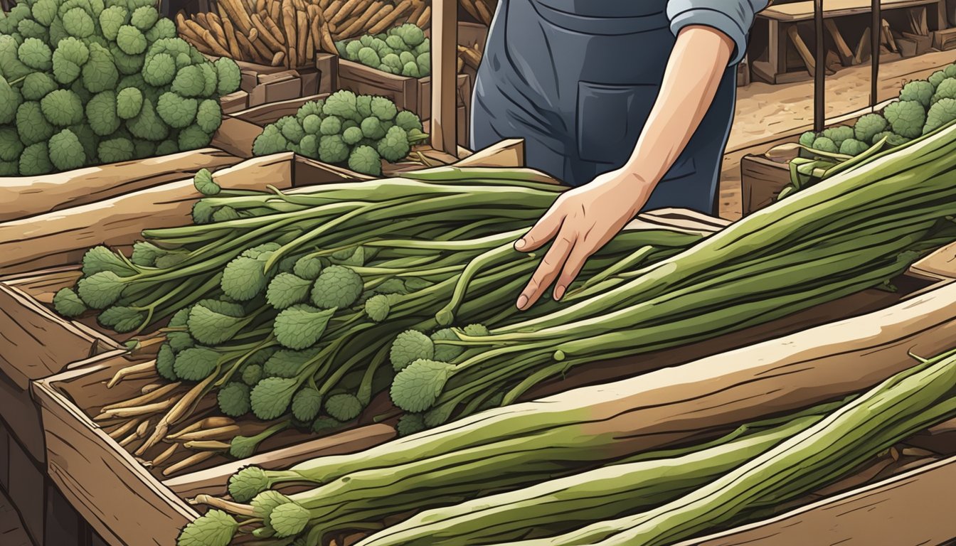 A hand reaching for burdock root in a market stall