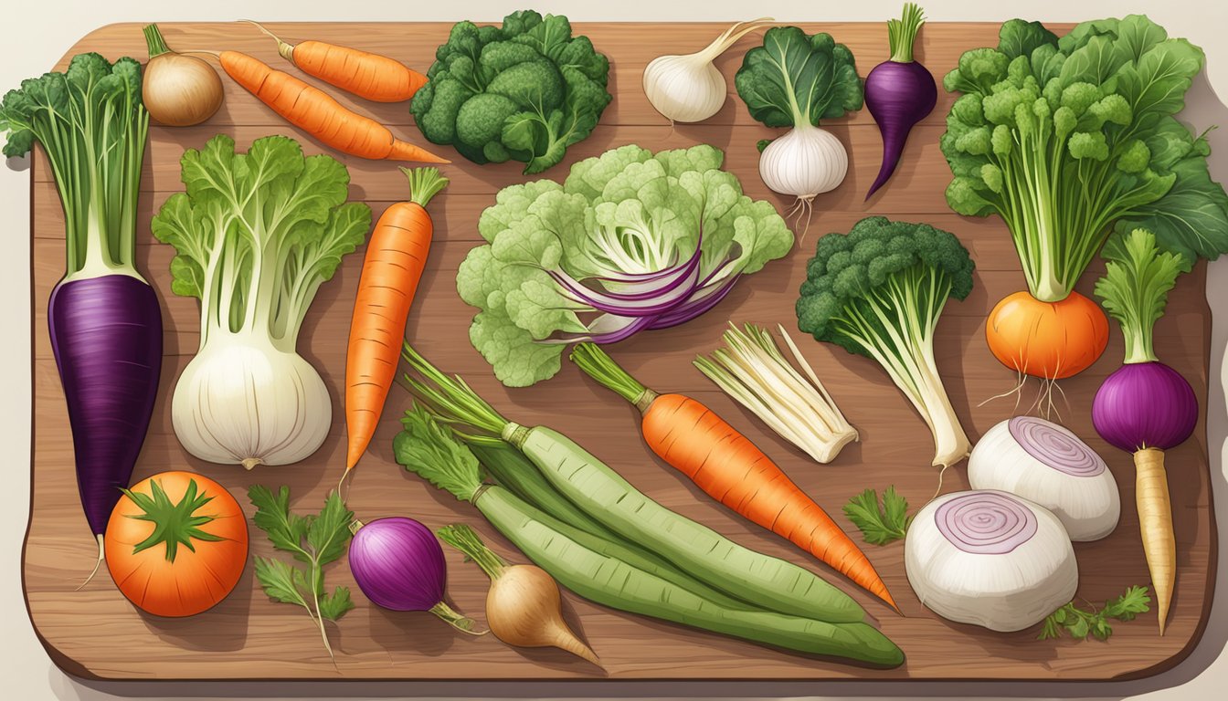 A colorful array of vegetables and roots spread out on a wooden cutting board, including carrots, parsnips, and turnips