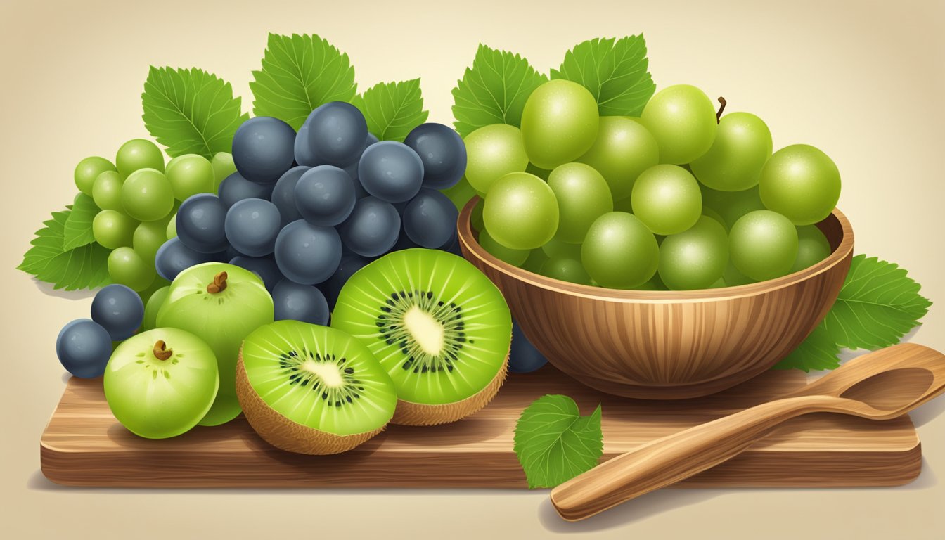 A bowl of green grapes and kiwi slices on a wooden cutting board