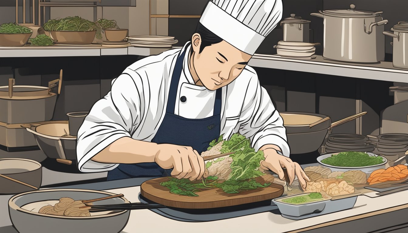 A chef slicing and incorporating gobo root substitutes into a traditional Japanese dish