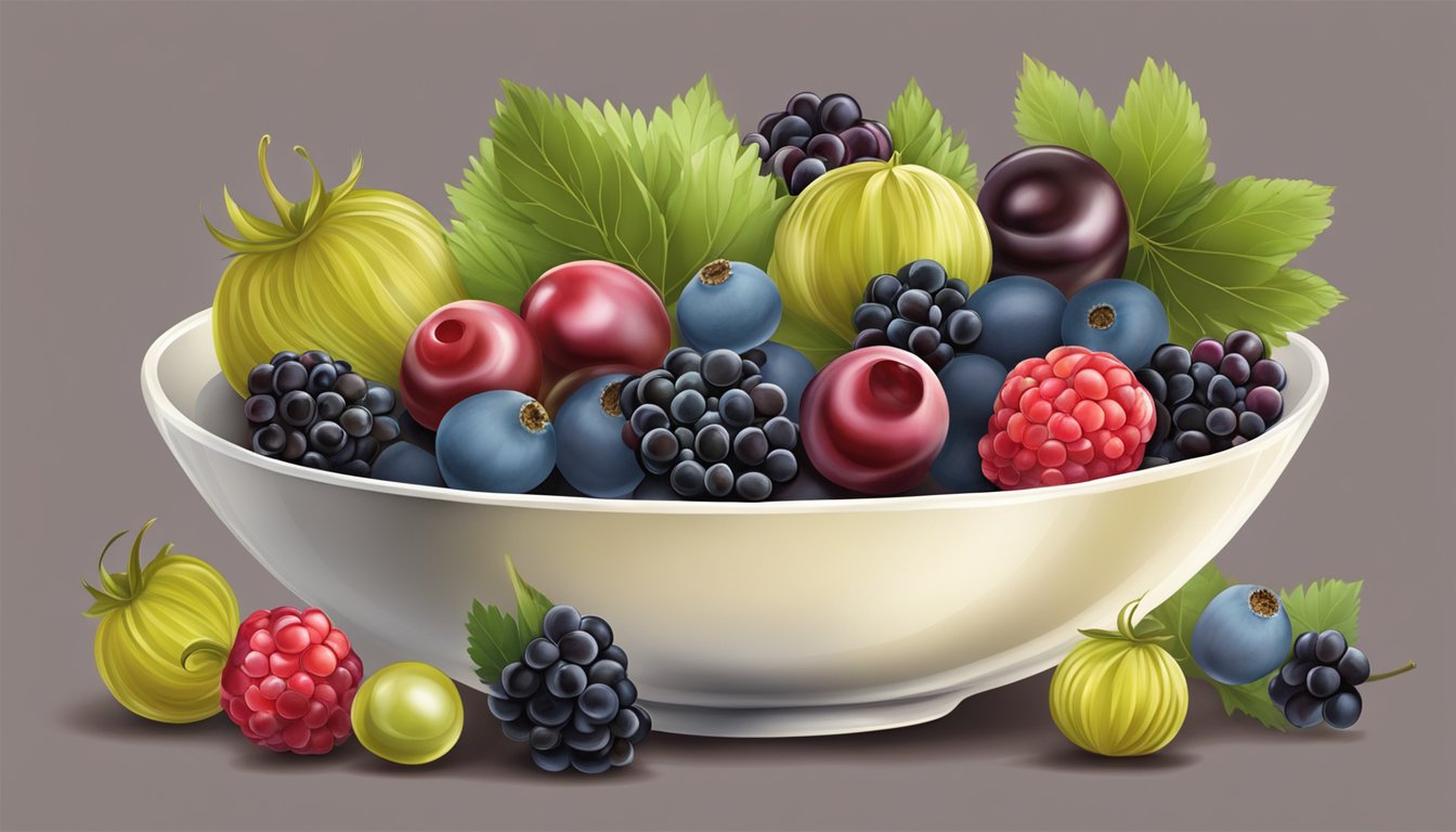 A bowl of assorted berries, with gooseberries standing out due to their unique size, color, and texture