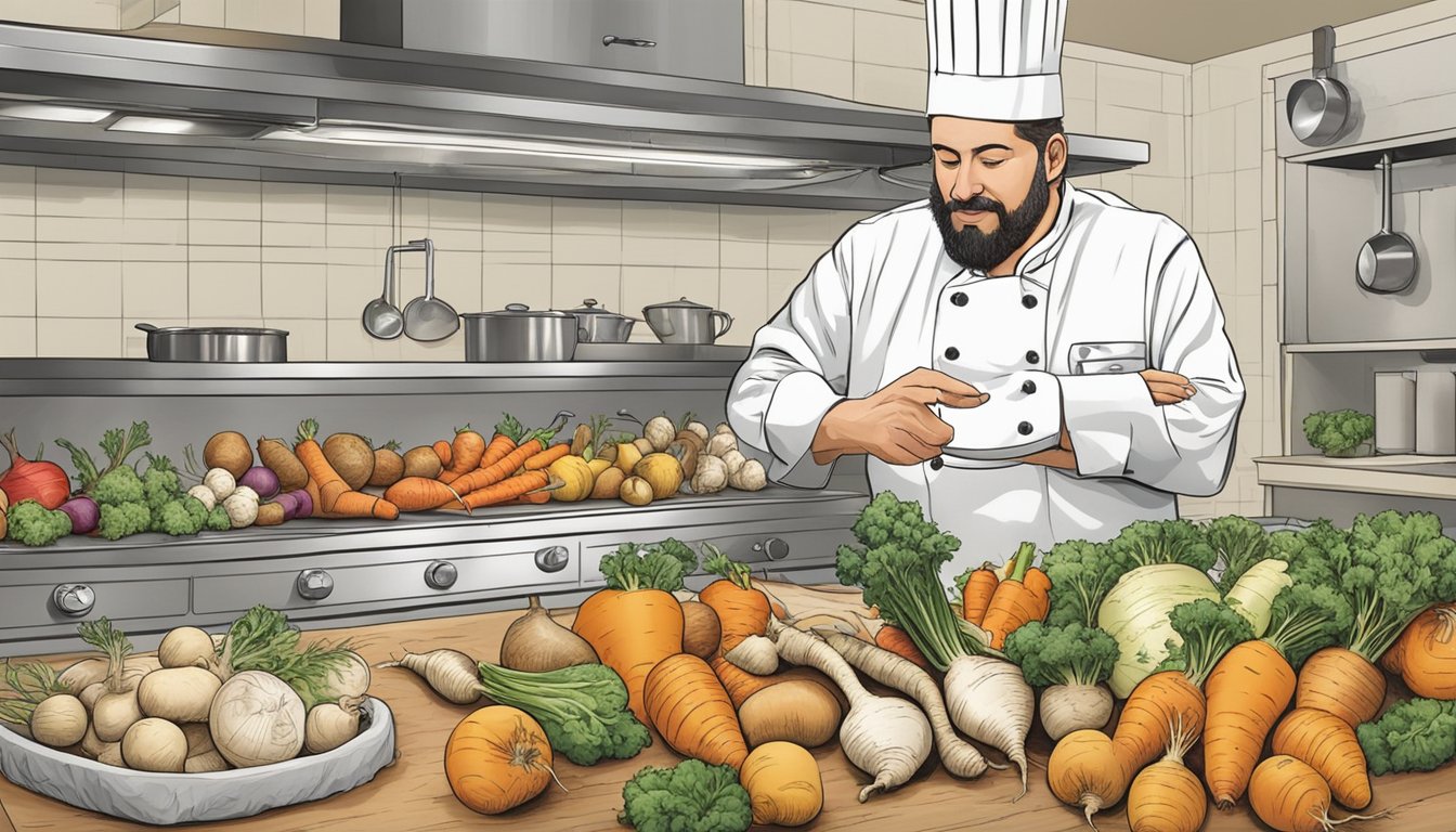 A chef selecting and comparing different root vegetables as potential substitutes for gobo root in a kitchen setting