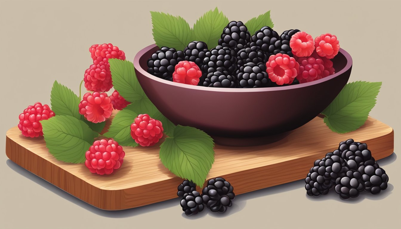 A bowl of ripe red currants, fresh raspberries, and tangy blackberries arranged on a wooden cutting board