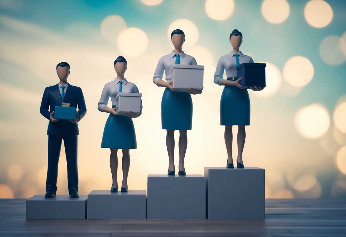 Three figures stand on different platforms, each higher than the last. The first figure holds a small item, the second a larger item, and the third figure holds the largest item
