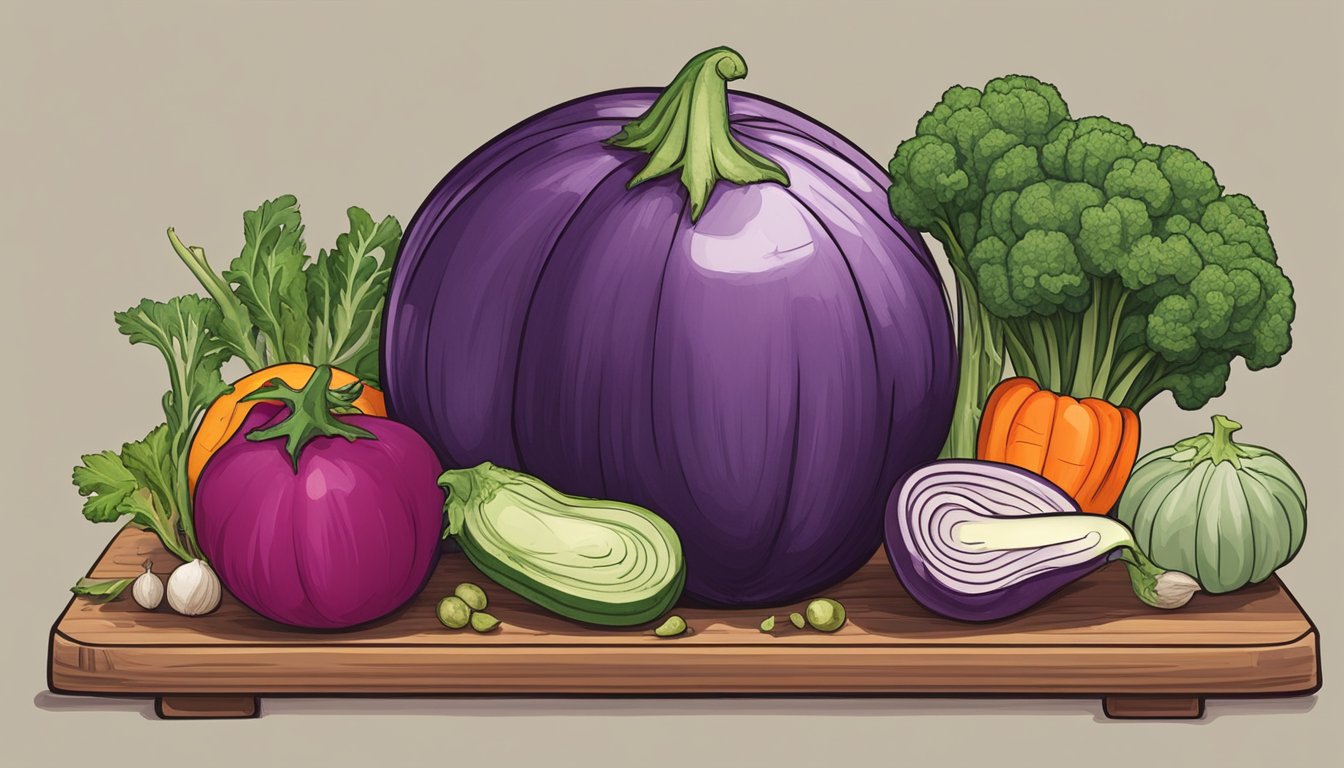 A globe eggplant sits on a cutting board, surrounded by various other vegetables