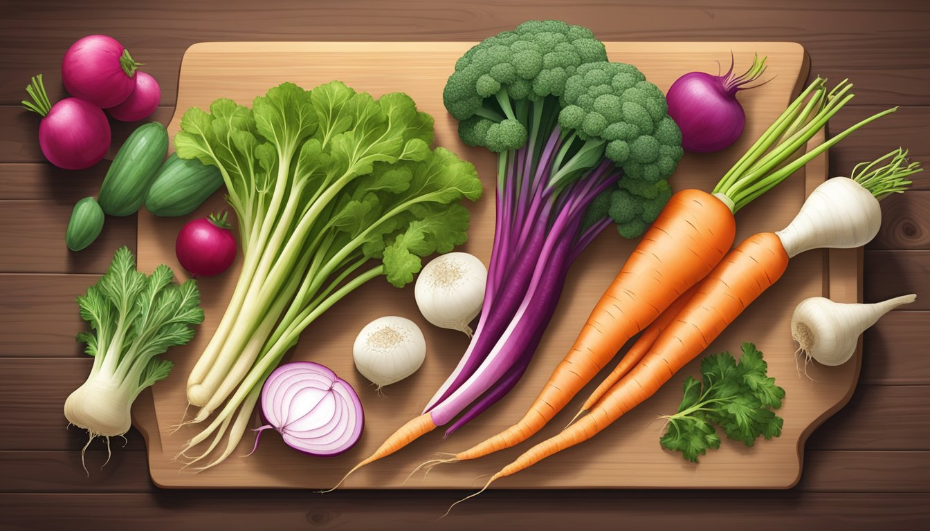 A variety of vegetables and roots are arranged on a wooden cutting board, including gobo root substitutes such as carrots, parsnips, and radishes