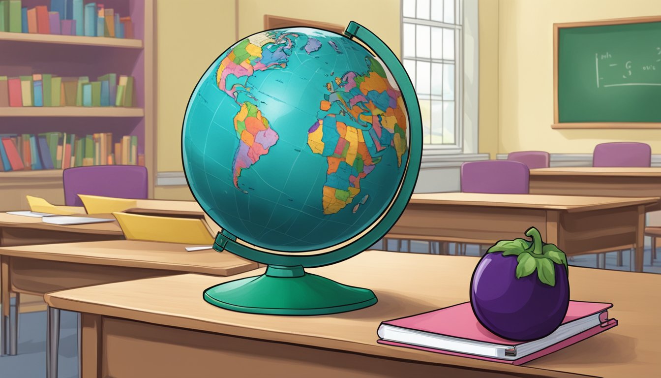 A globe being replaced by an eggplant in a classroom setting