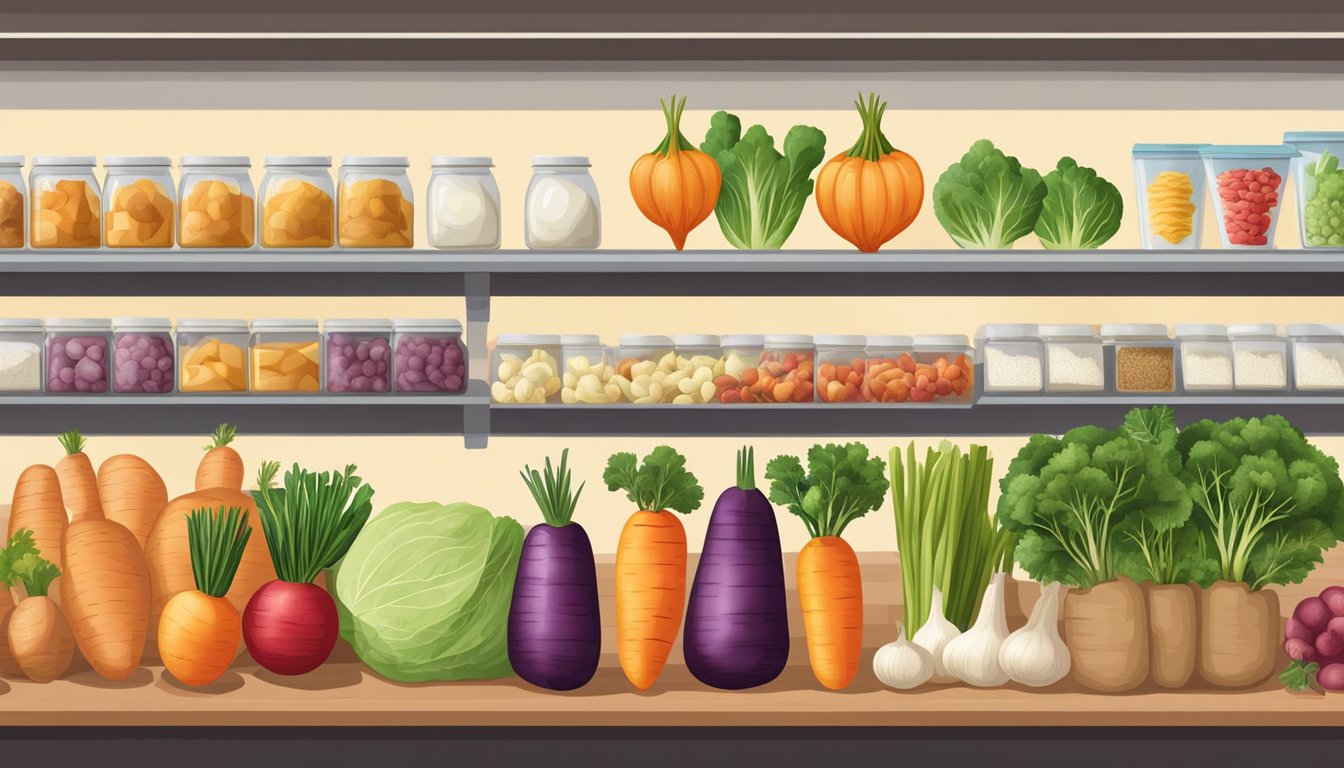 A variety of root vegetables and their substitutes displayed on a grocery store shelf