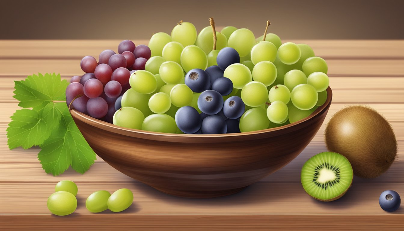 A bowl of assorted fruits, including gooseberry substitutes like kiwi and green grapes, sits on a wooden table