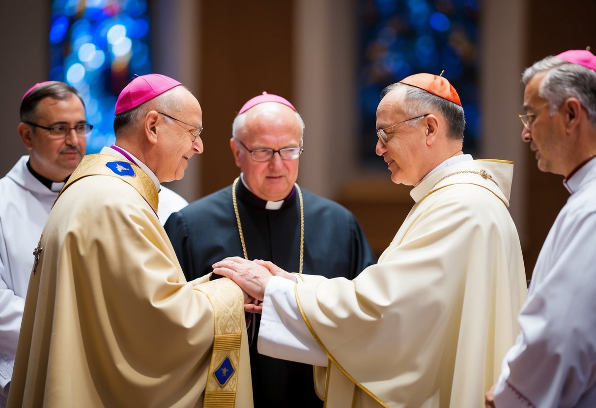 A bishop laying hands on a deacon, with two priests standing nearby