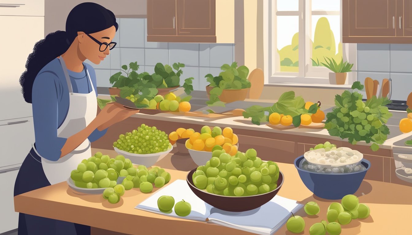 A person in a kitchen, holding a bowl of gooseberries and considering alternative fruits for a recipe. Various fruits and a recipe book are spread out on the counter