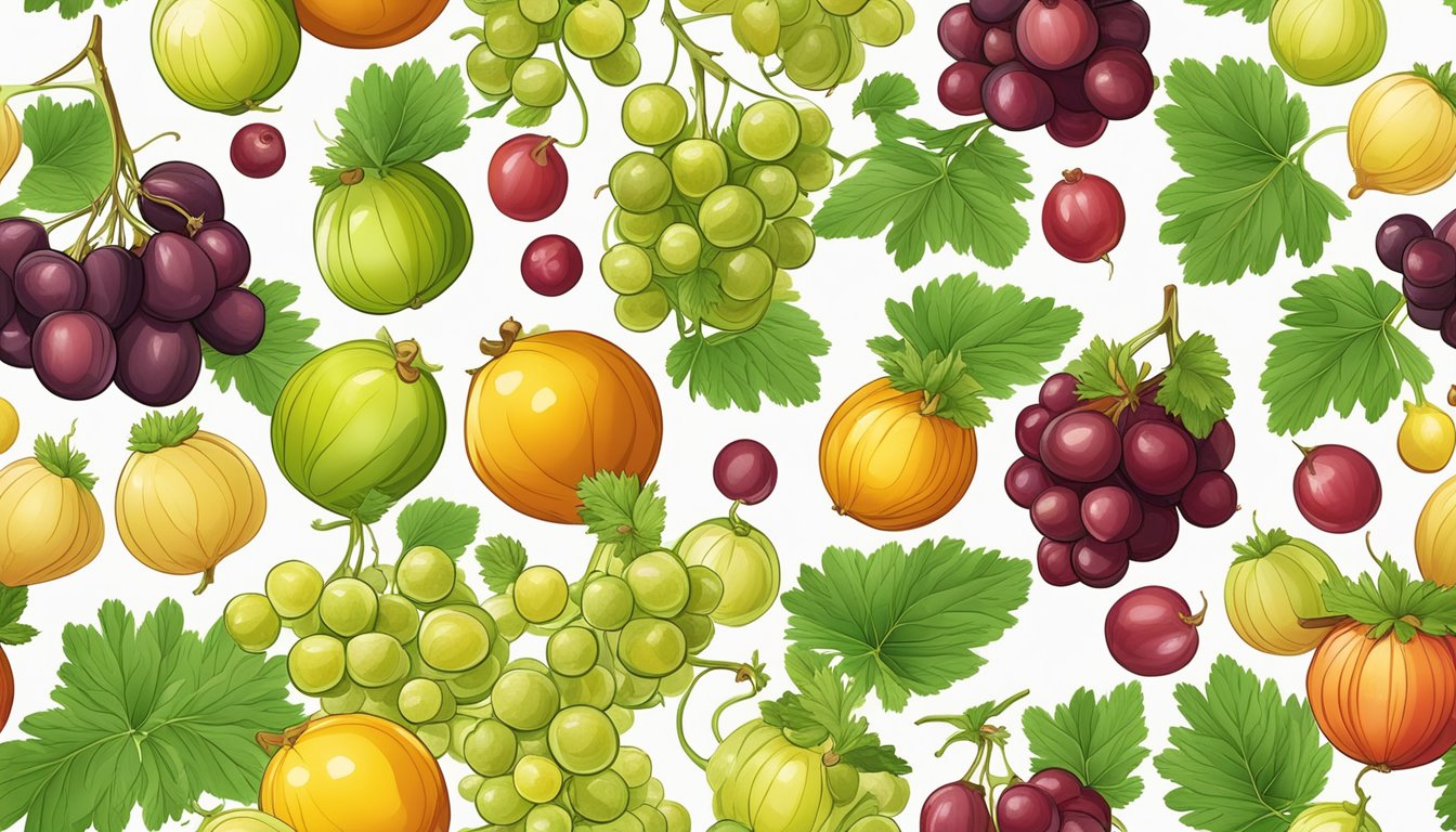 A colorful array of gooseberries arranged with various food items, showcasing their versatility as substitutes in different culinary pairings