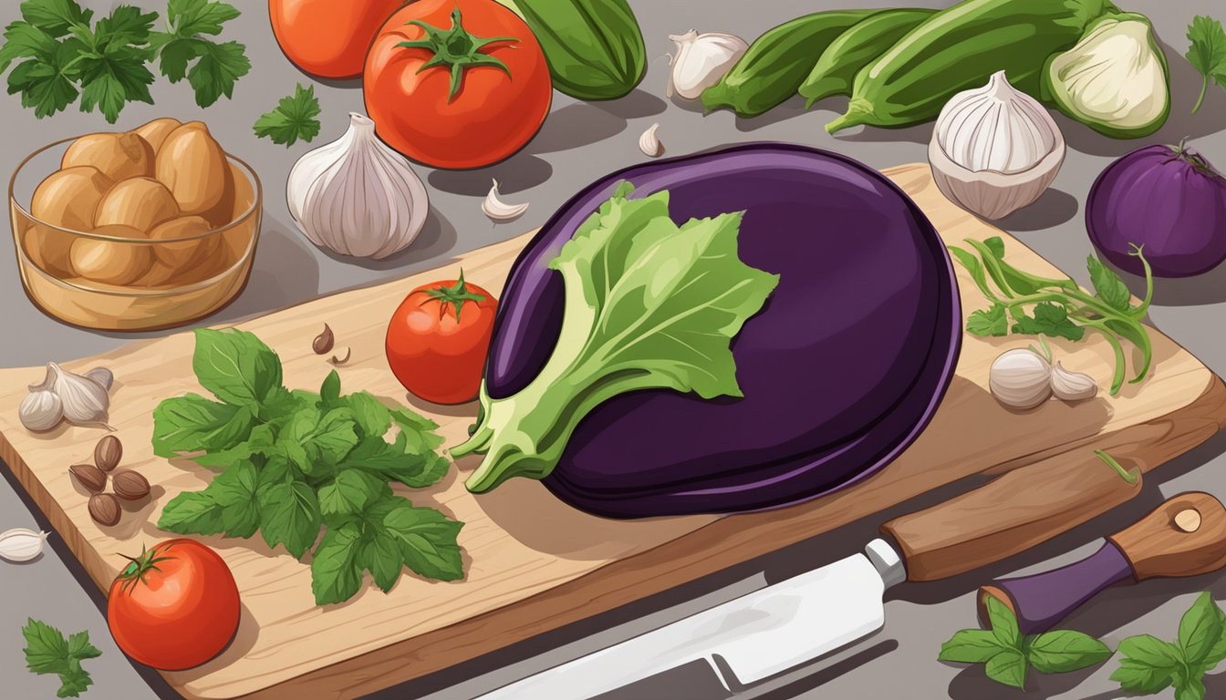 A globe eggplant sits on a cutting board surrounded by ingredients for a specific dish, such as tomatoes, garlic, and herbs